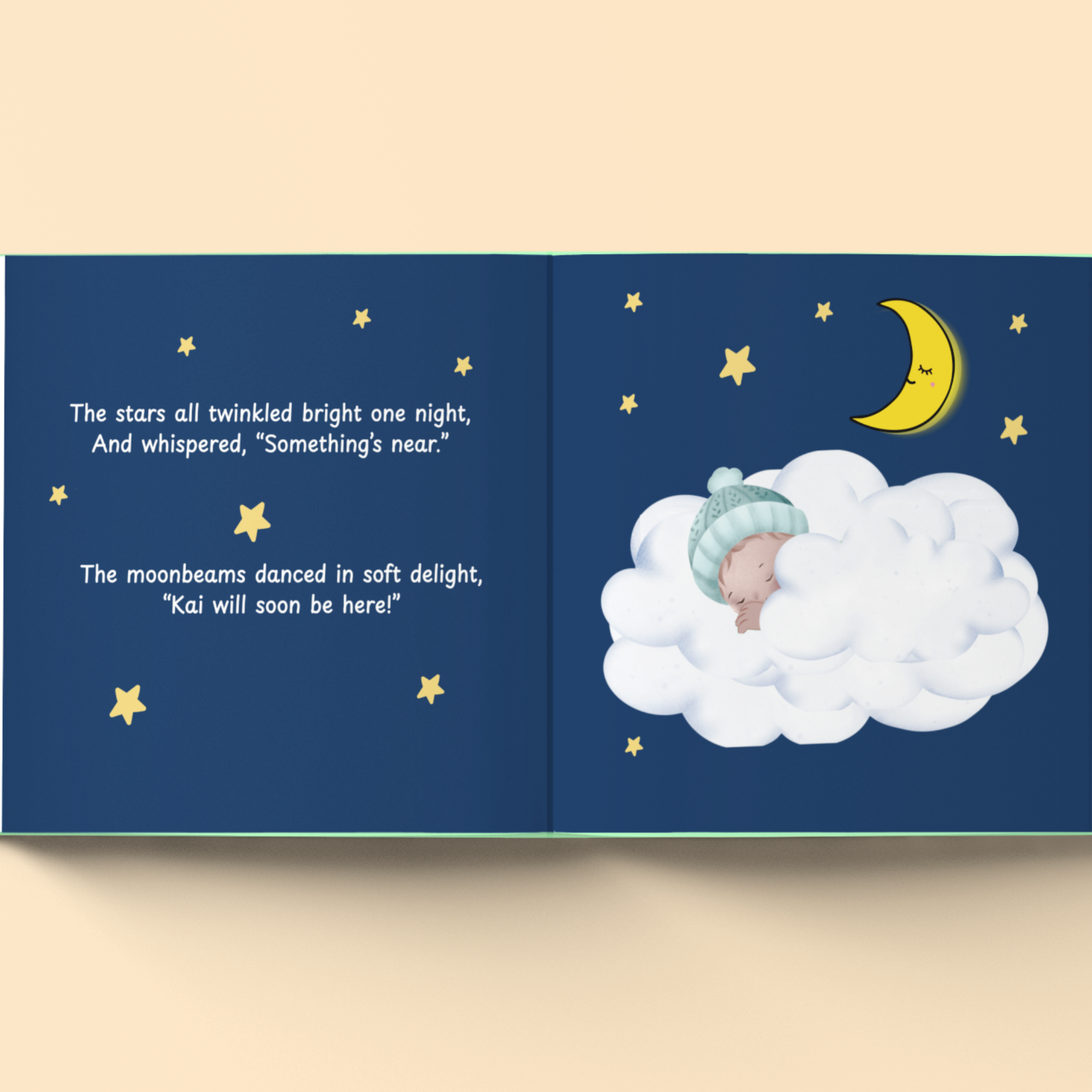 Illustrated book page with a baby sleeping on a cloud, stars, and moon.