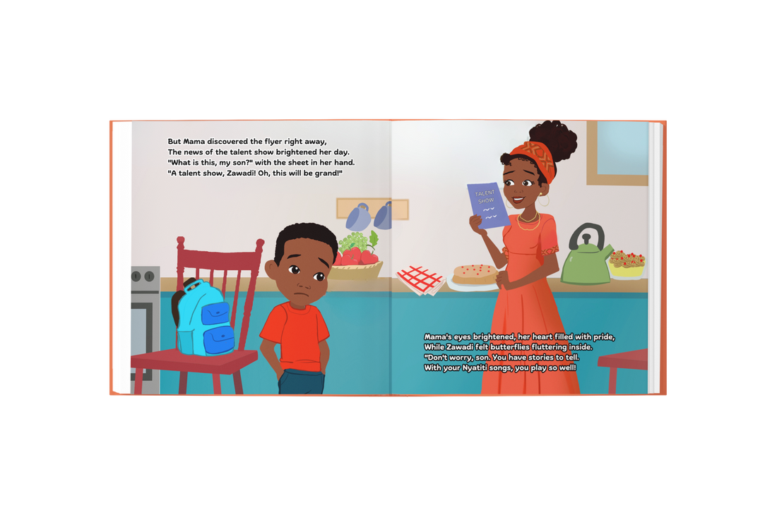 Illustration of a mother and child in a kitchen with text on a white background