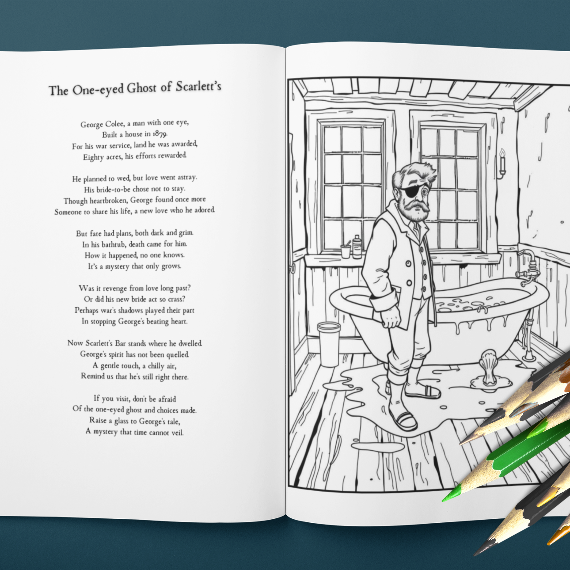 Open book with a coloring page of a man wearing an eye patch standing in a room with an overflowing clawfooted bathtub and text on a dark blue background