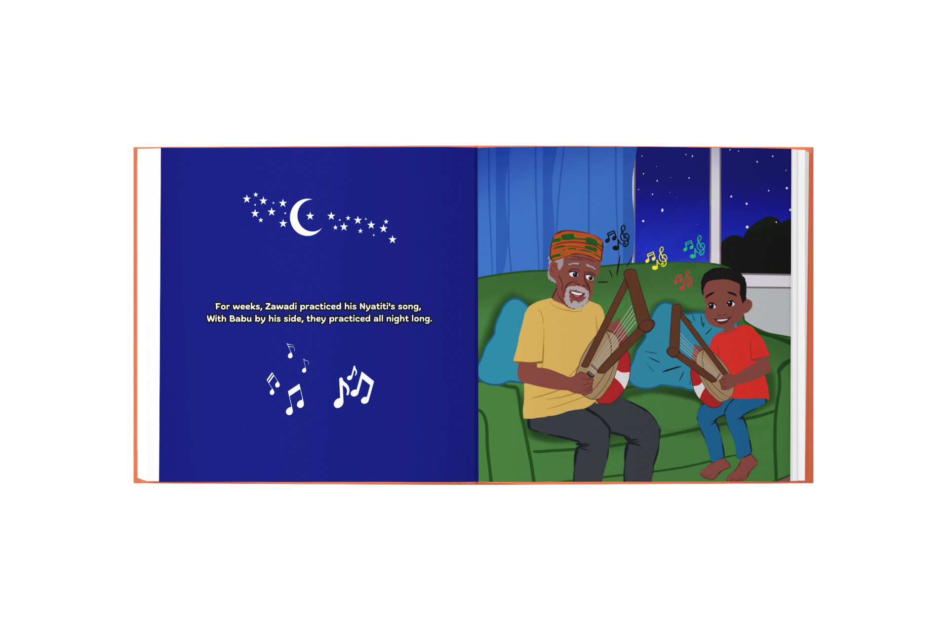 Illustration of a man and a child playing instruments together on a couch with a night sky background.