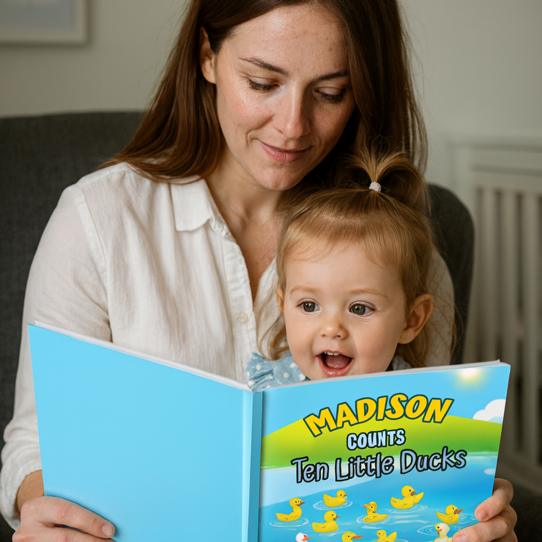 Woman and child reading a book titled &