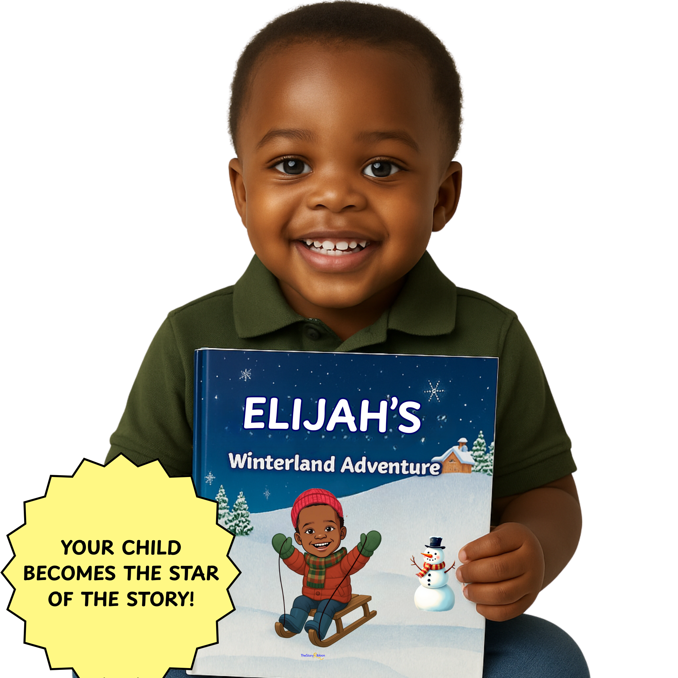 Child holding a personalized book titled &
