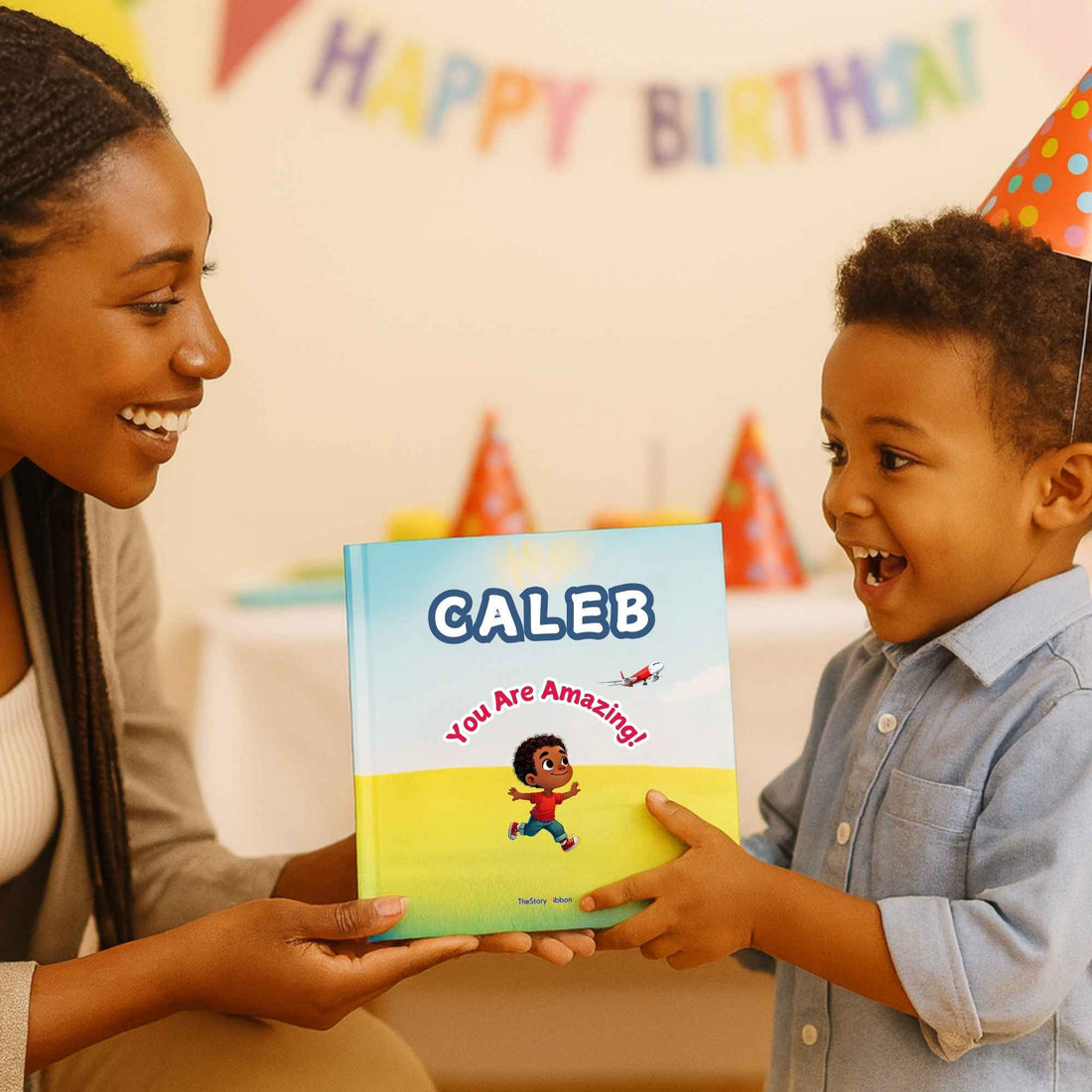 Child receiving a personalized book titled &