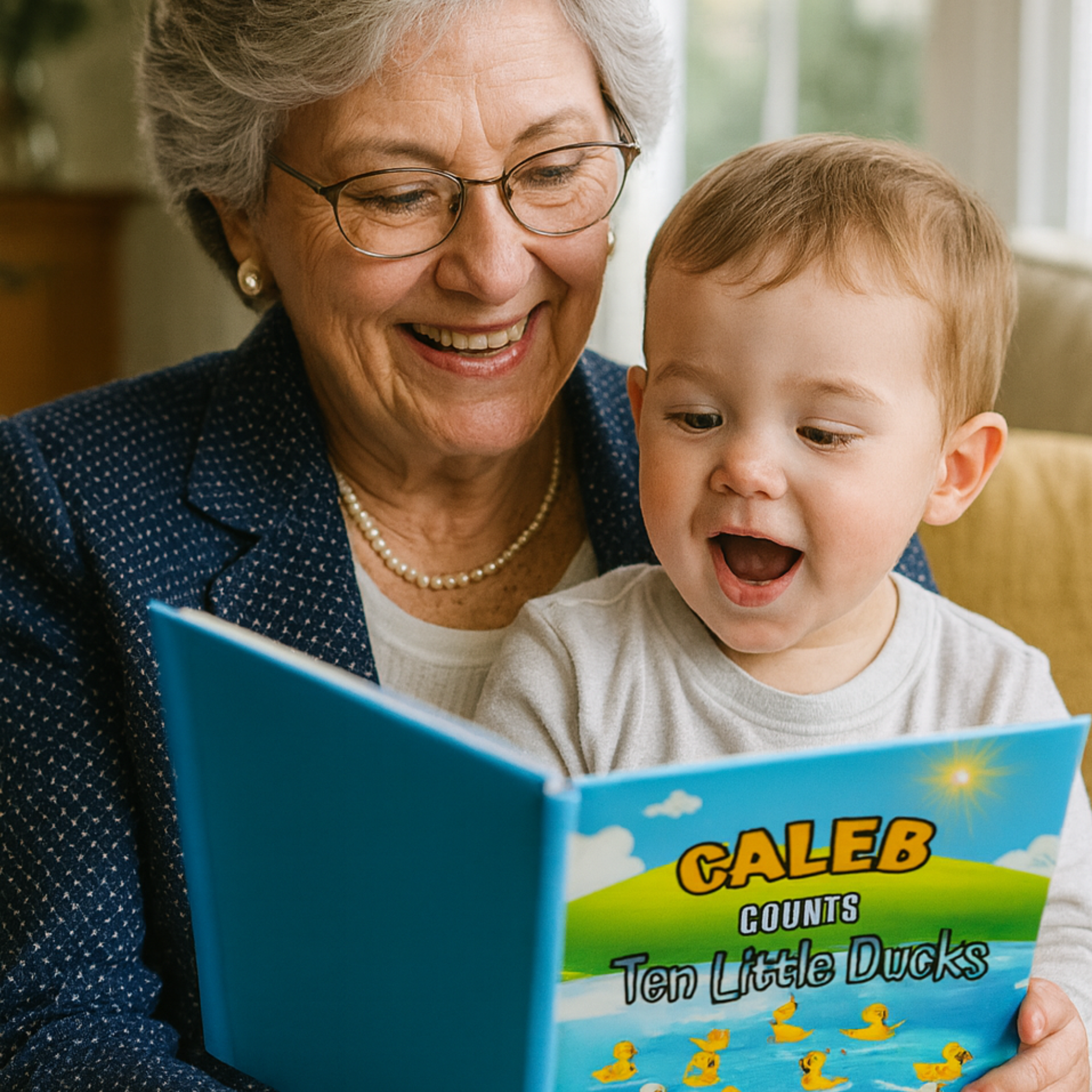Grandmother and child reading a book together, with the book titled &