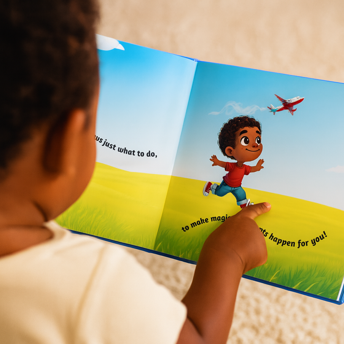 Child reading a book with a colorful illustration of a boy and airplane on a yellow field.