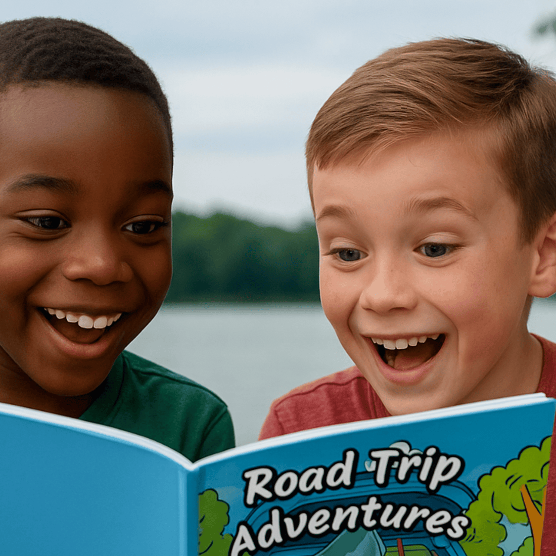 Two children smiling and looking at a book titled &