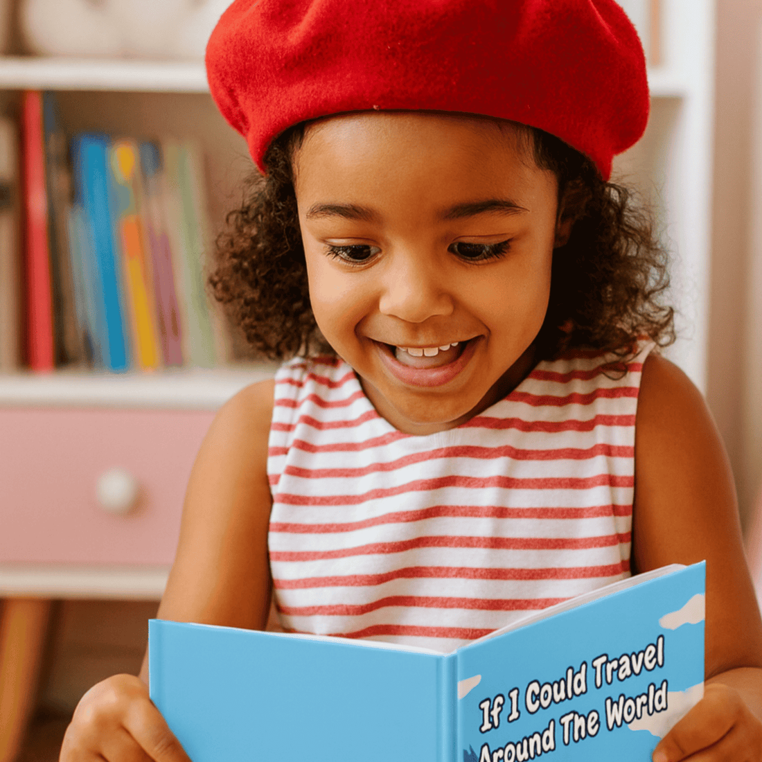 Child wearing a red beret and striped shirt, reading a book titled &