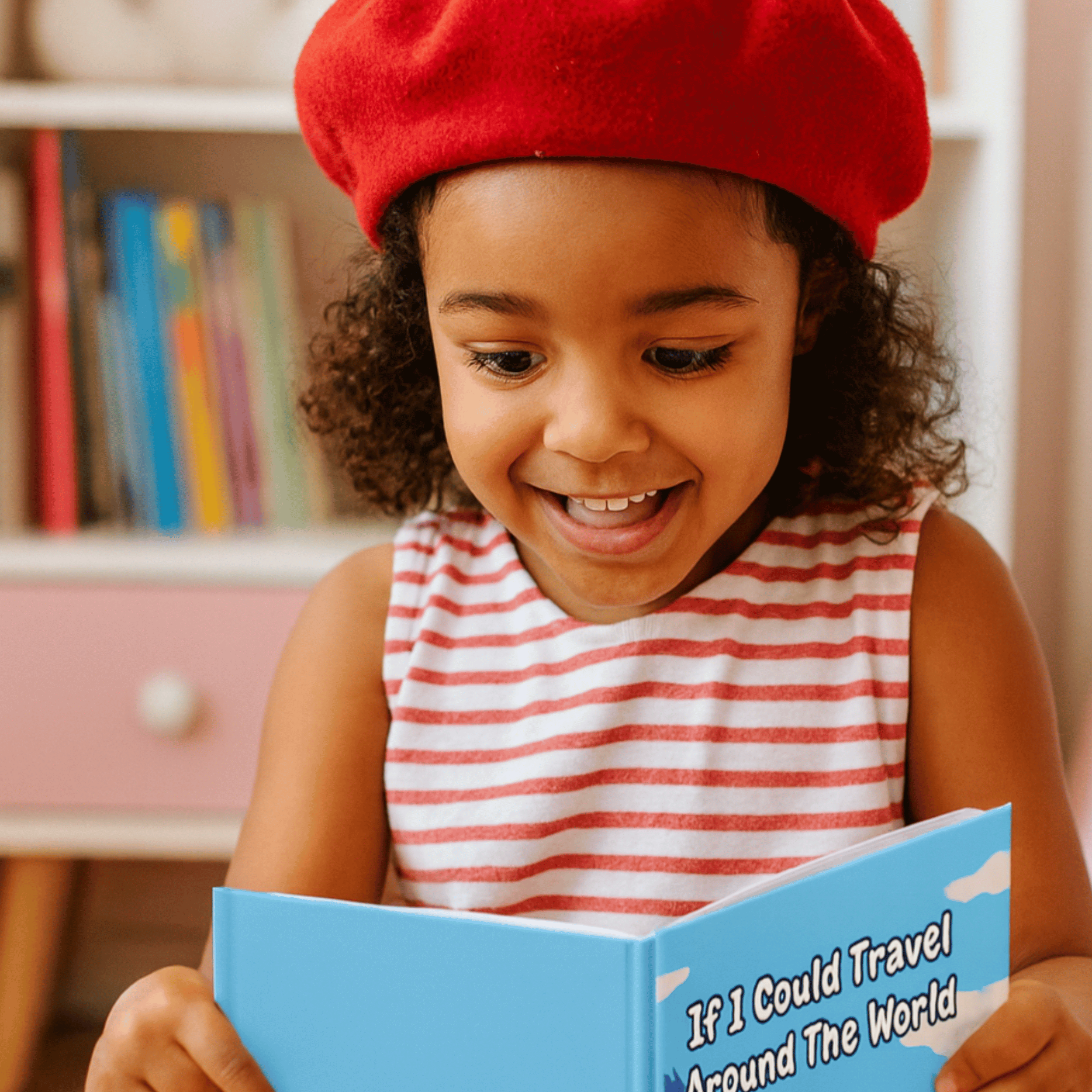 Child wearing a red beret and striped shirt, reading a book titled &
