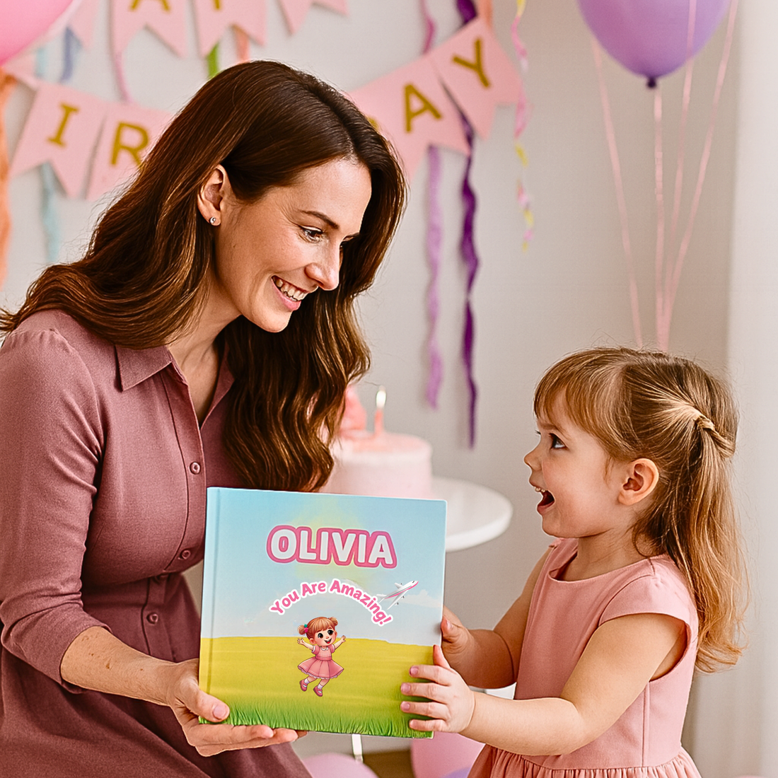 Woman and child holding a book titled &