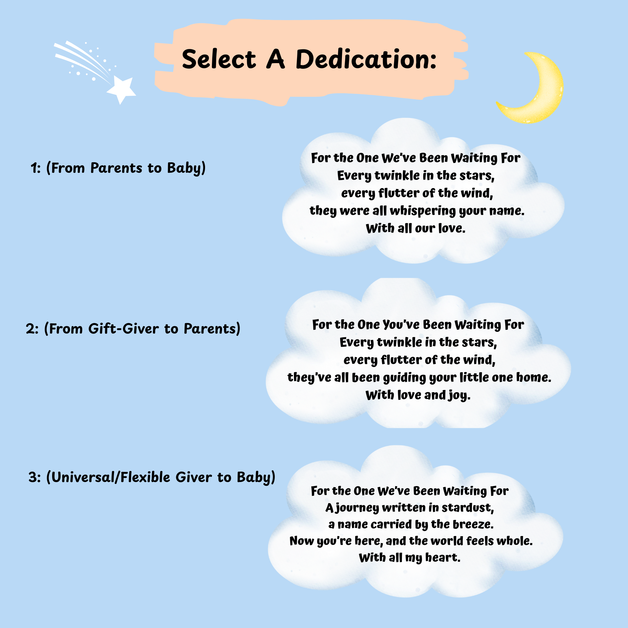Text selection screen with three dedication options on a blue background with celestial elements.