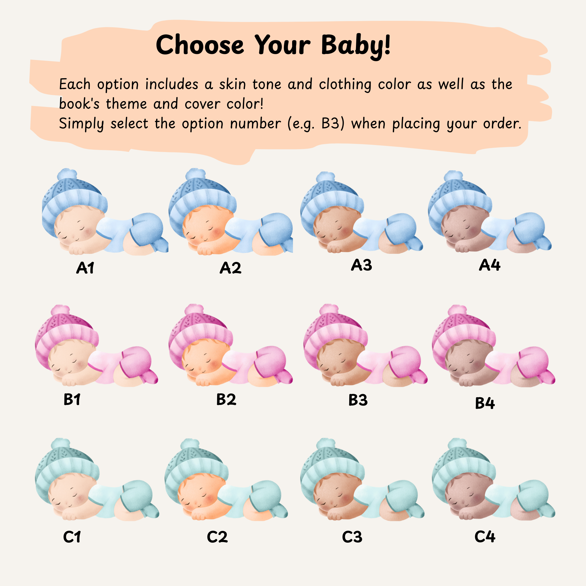 Illustrations of babies in various outfits with color options for skin tone and clothing.