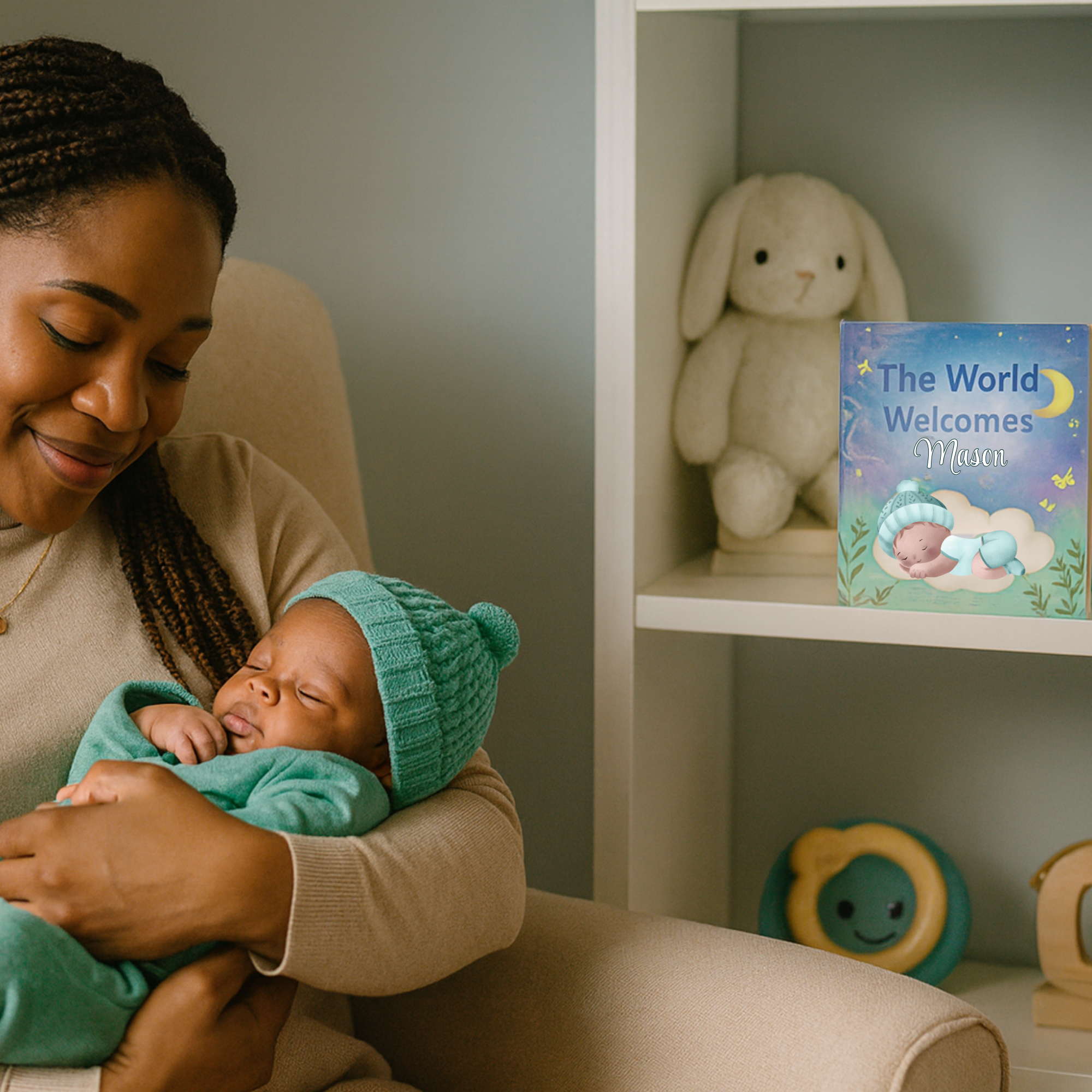 Woman holding a baby wearing a green outfit and hat in a cozy room with a bookshelf.