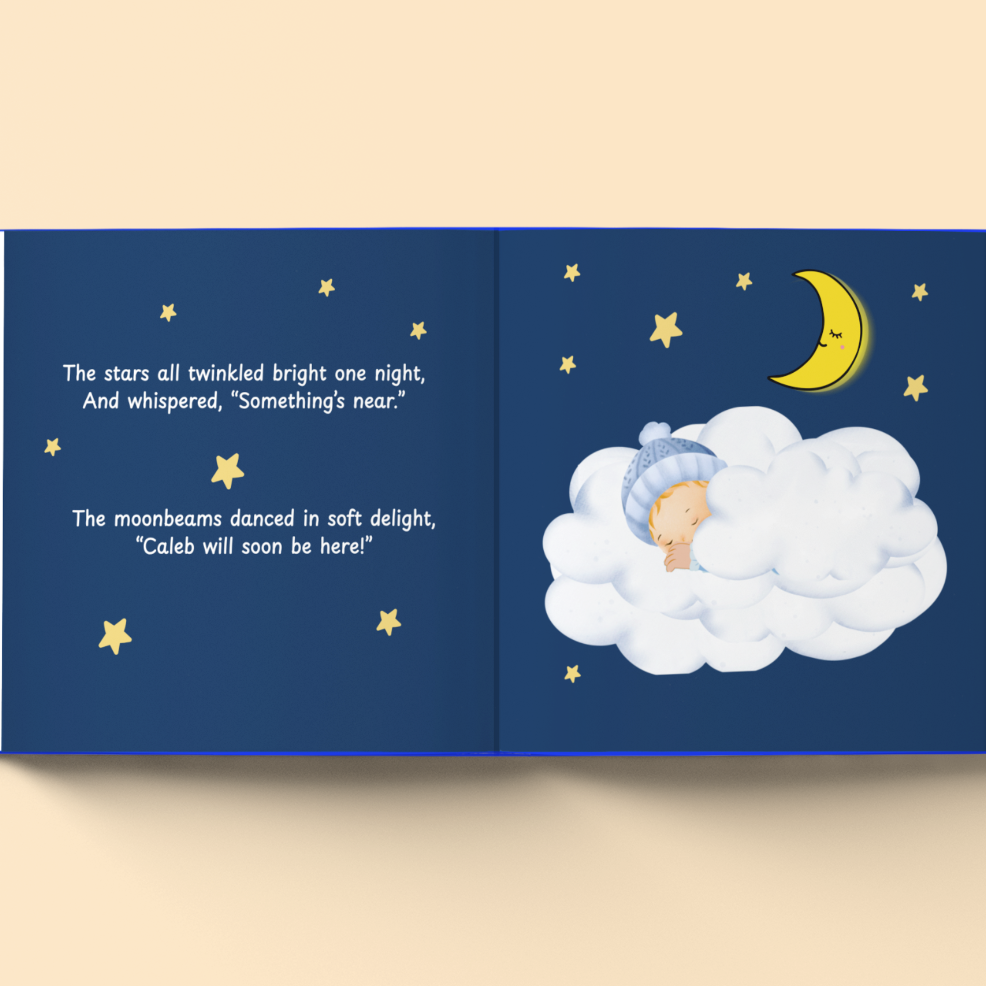 Illustration of a baby sleeping on a cloud with stars and moon, text about a baby&