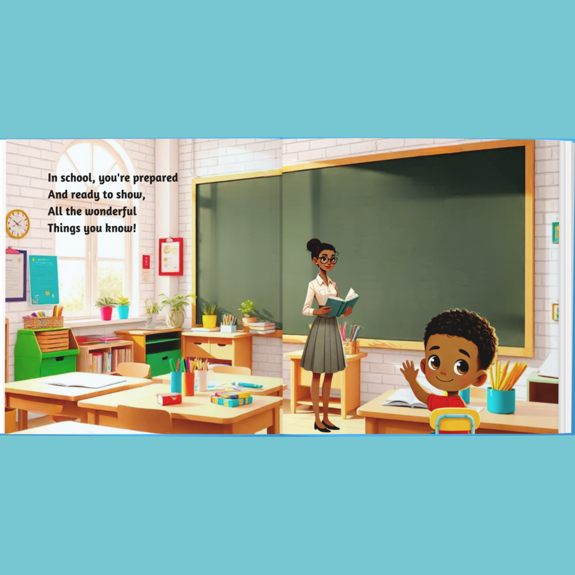 Illustration of a classroom scene with a teacher and student, featuring educational elements.