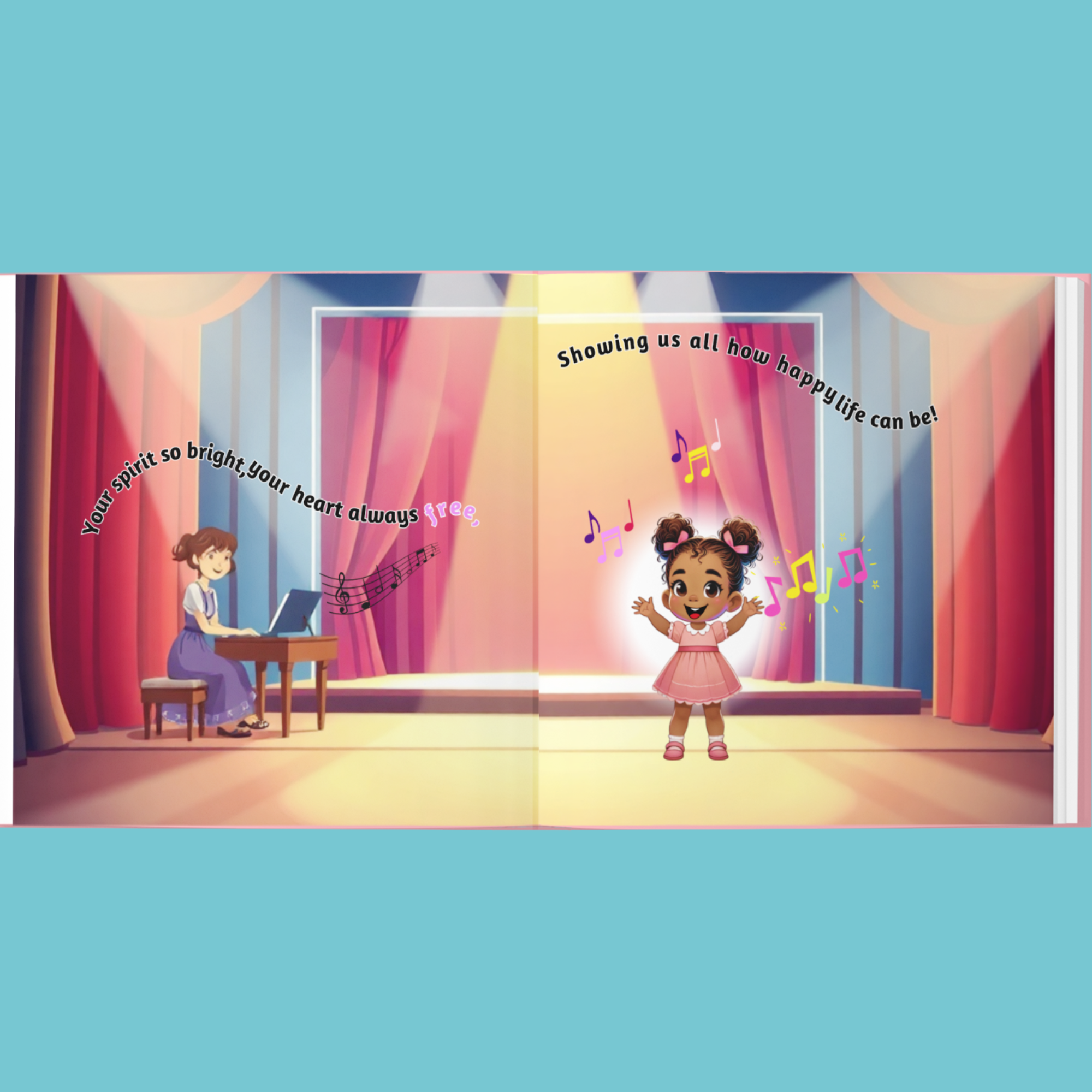 Illustration of a girl on stage with music notes and text, against a blue curtain backdrop.