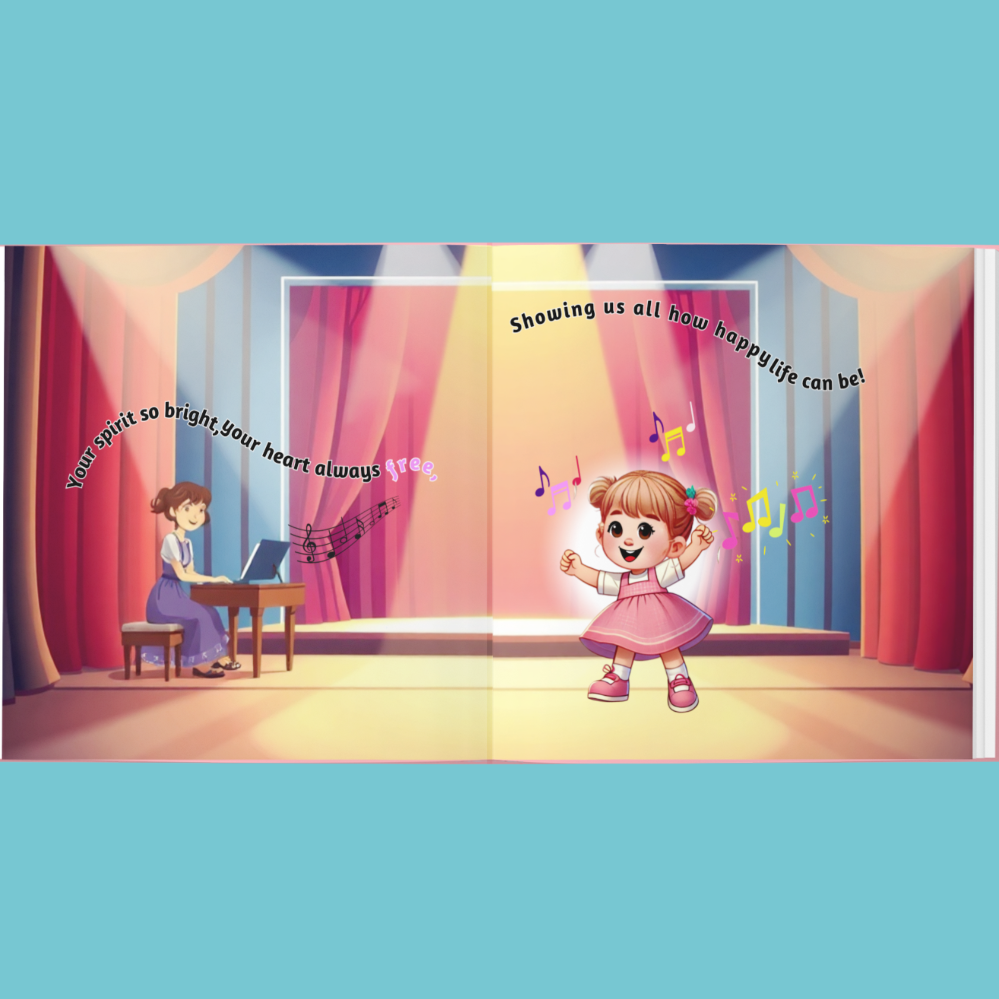 Illustration of a girl dancing on a stage with a piano player, set against a blue background.
