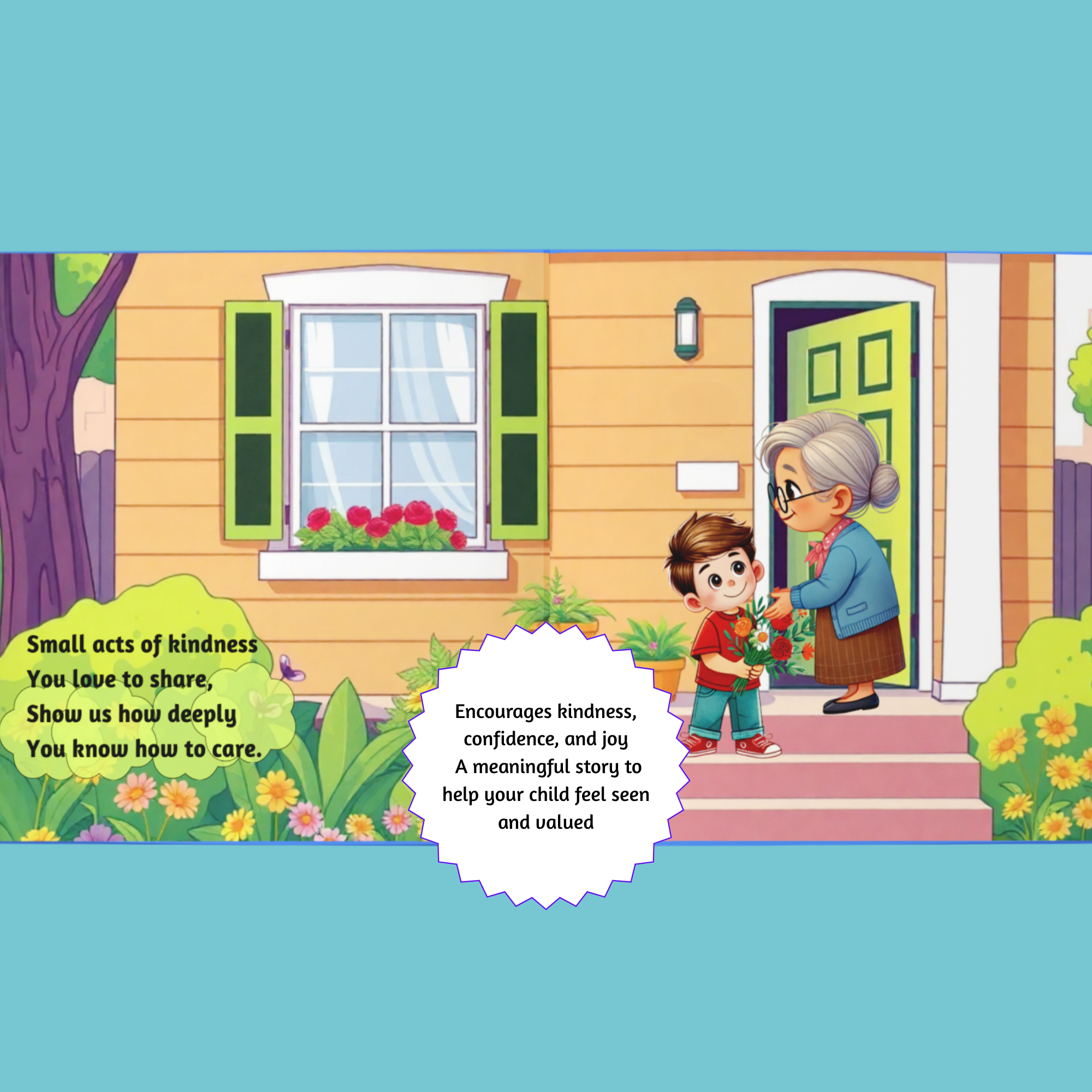 Illustration from a personalized book of a child giving flowers to an elderly woman at a house door, with text about kindness and care.