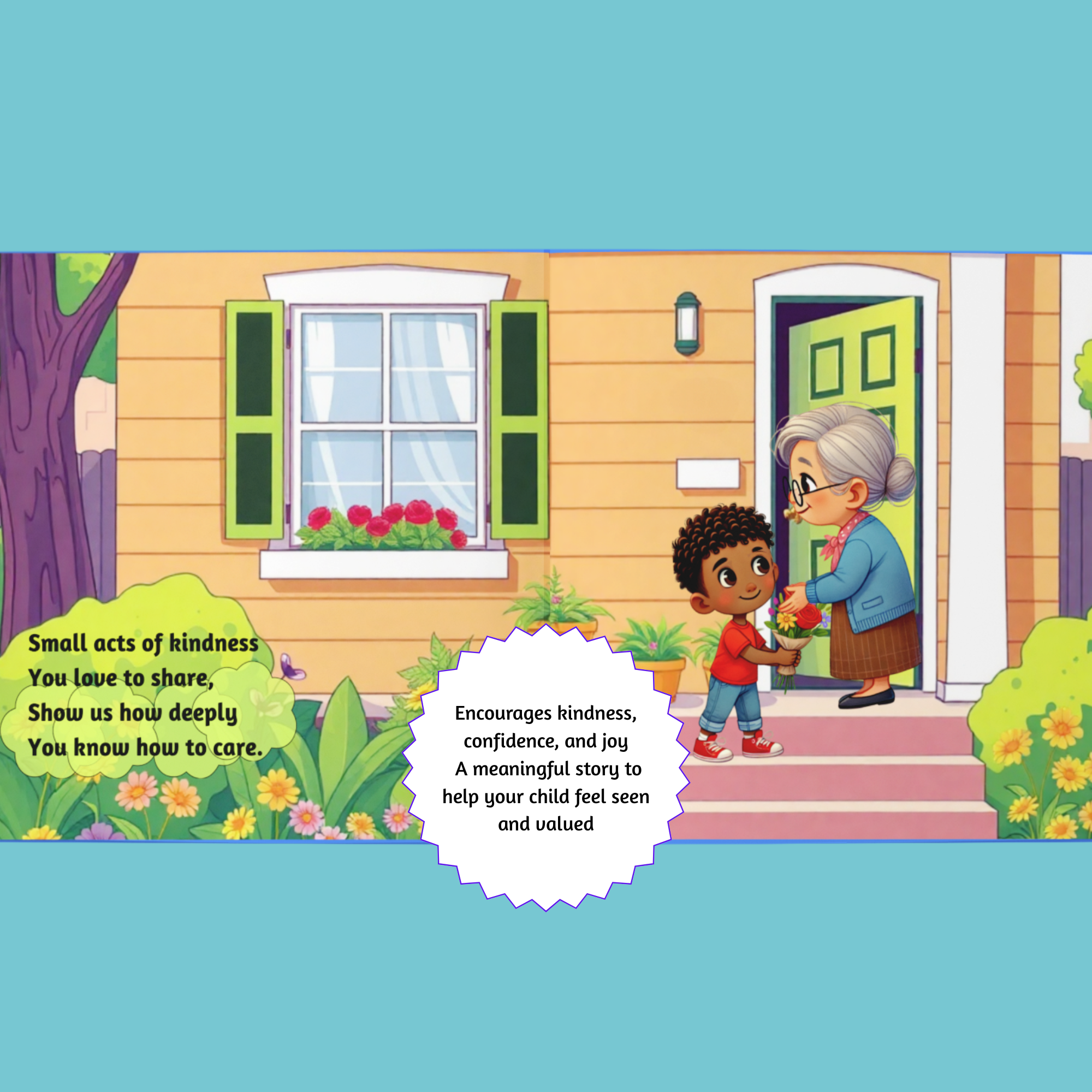 Illustration of a child and an elderly woman on a doorstep with text about kindness and care.