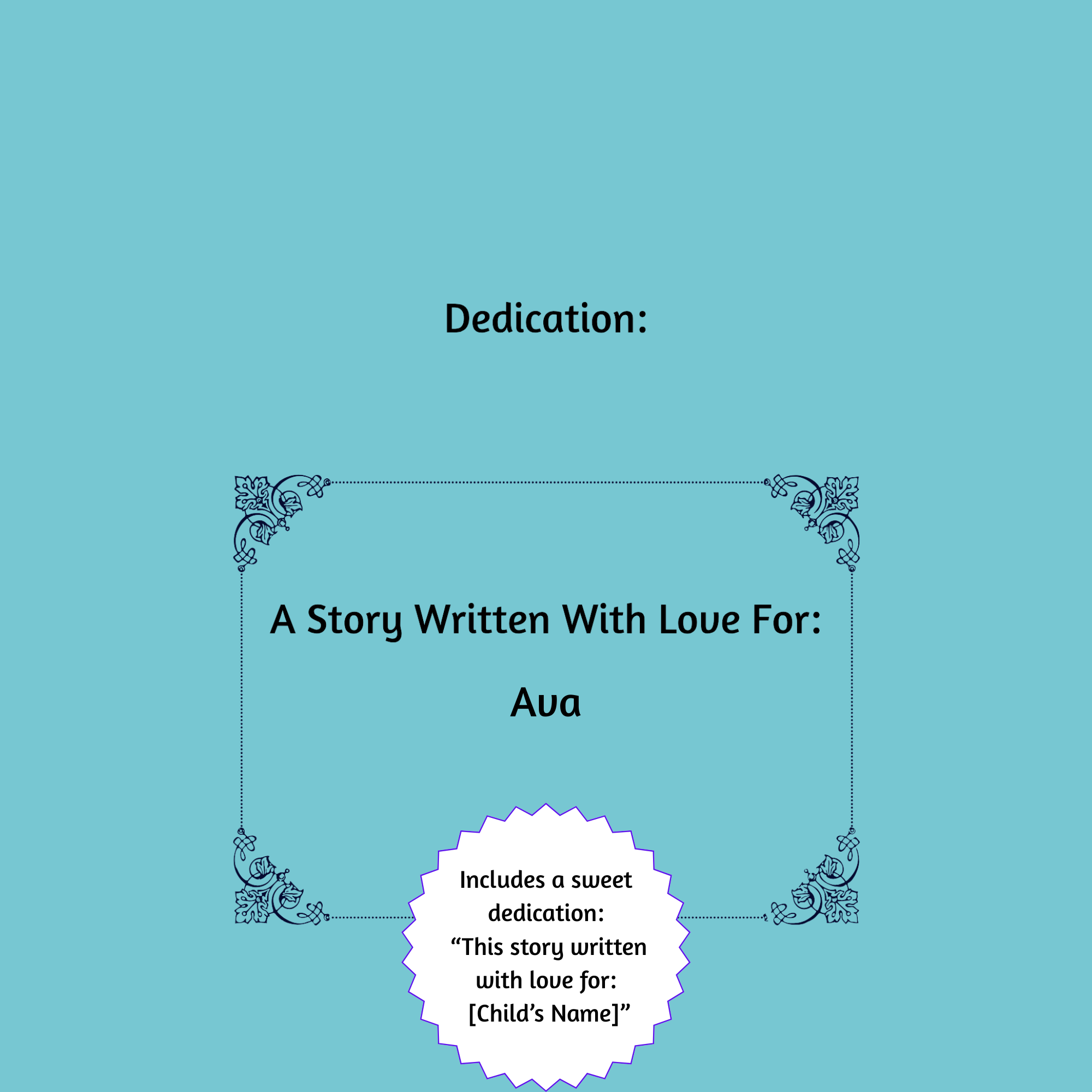 Book cover with dedication text for a child named Ava on a light blue background