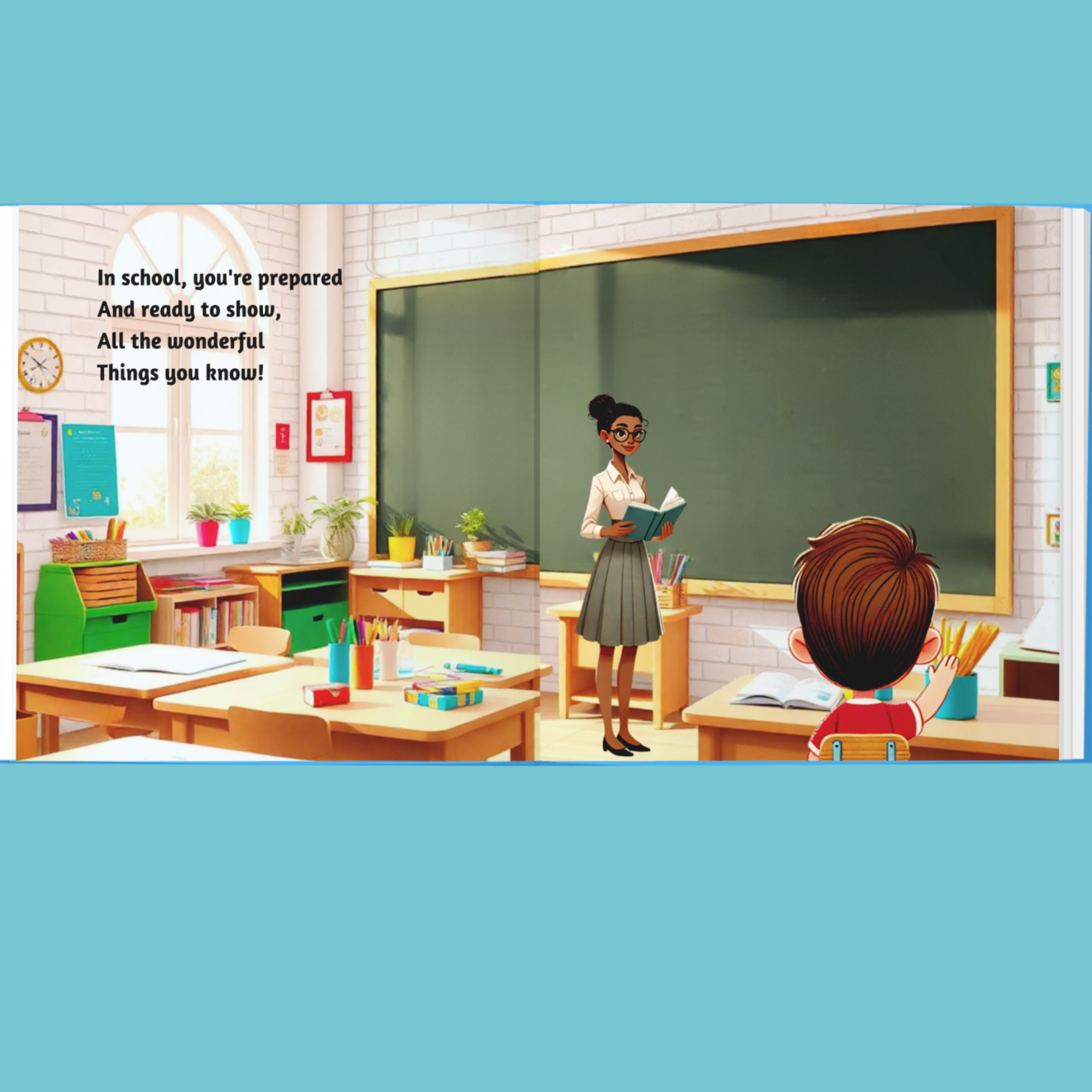 Illustration of a classroom with a teacher and student, featuring text about school readiness.