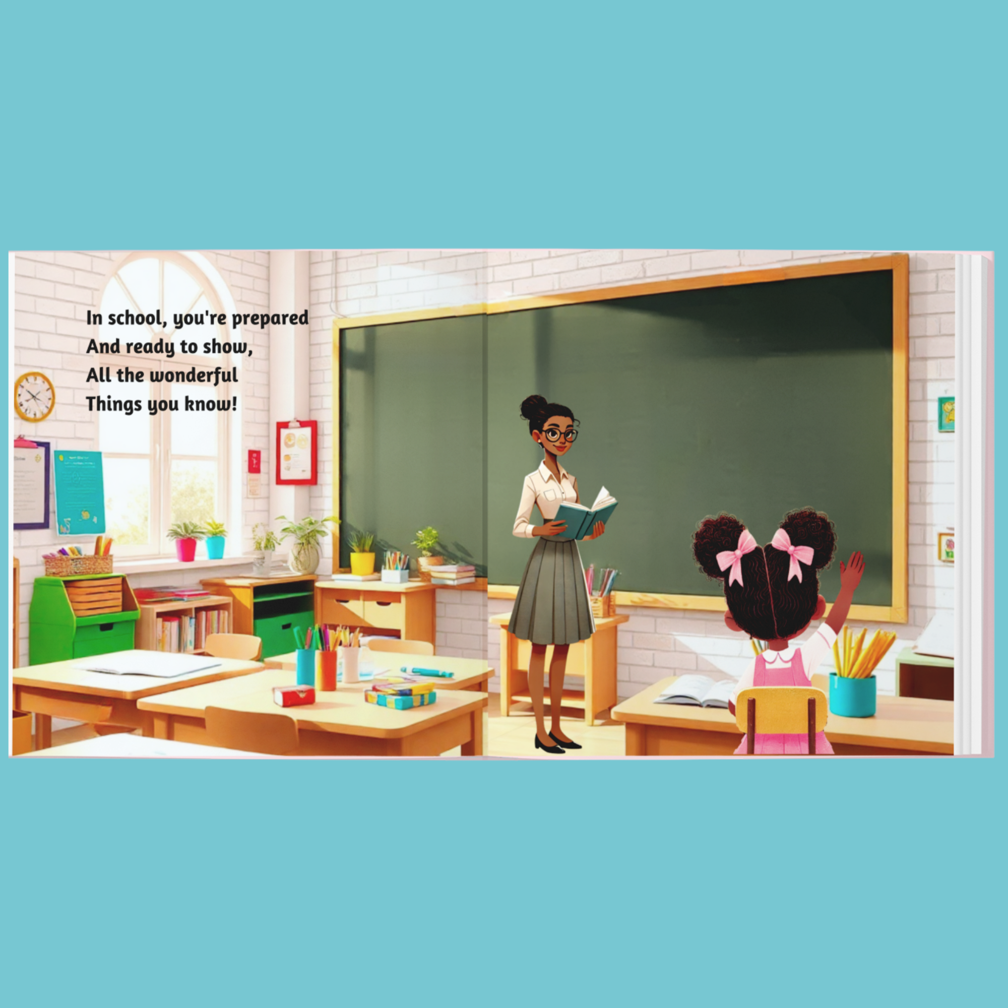 Illustration of a classroom scene with a teacher and student, featuring text on a blue background.