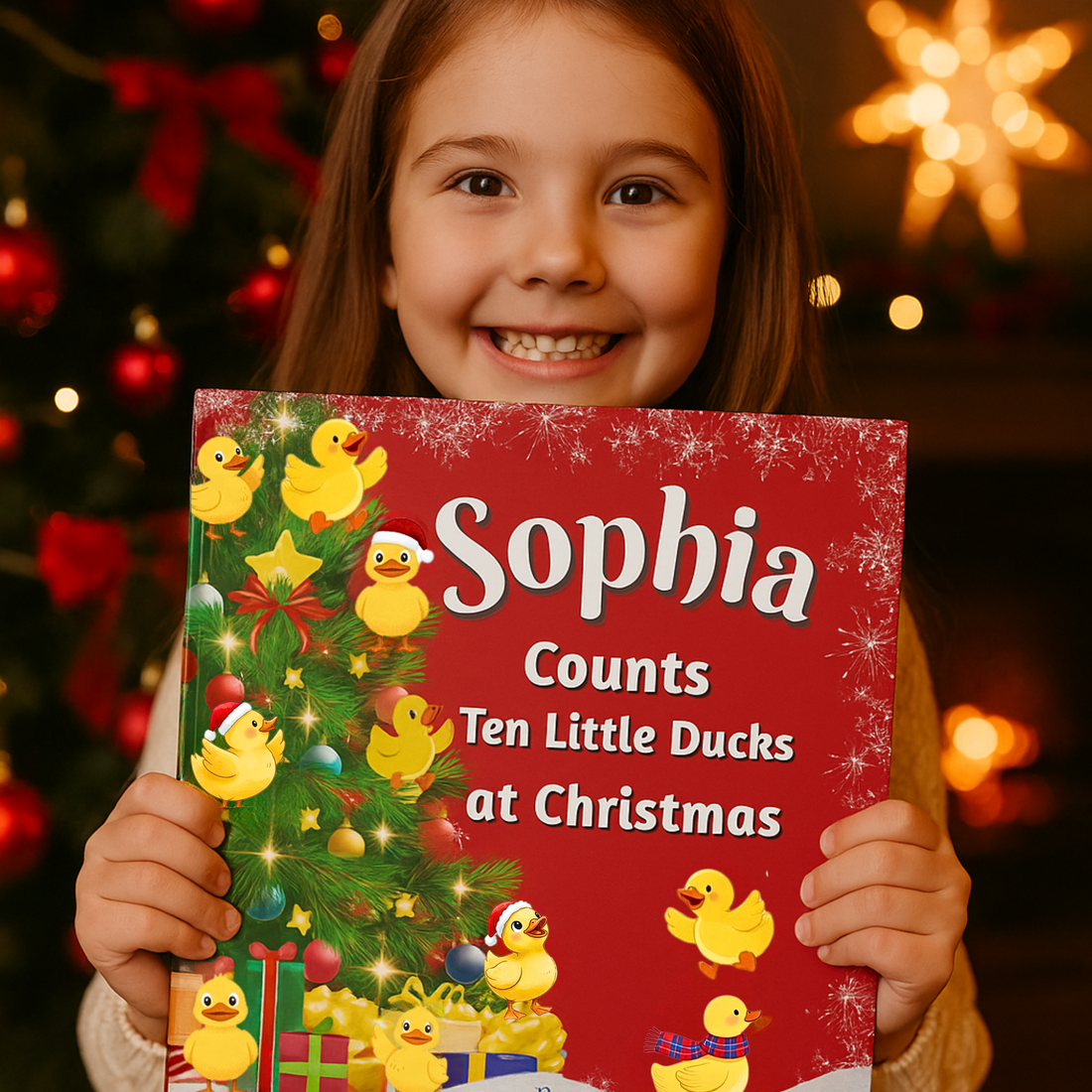 Child holding a book titled &