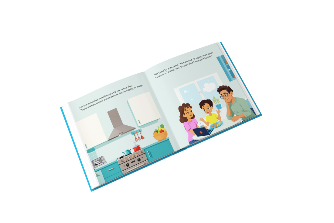 an open page of a book depicting a kitchen where a mom dad, and child are sitting at the kitchen table where a laptop is open.