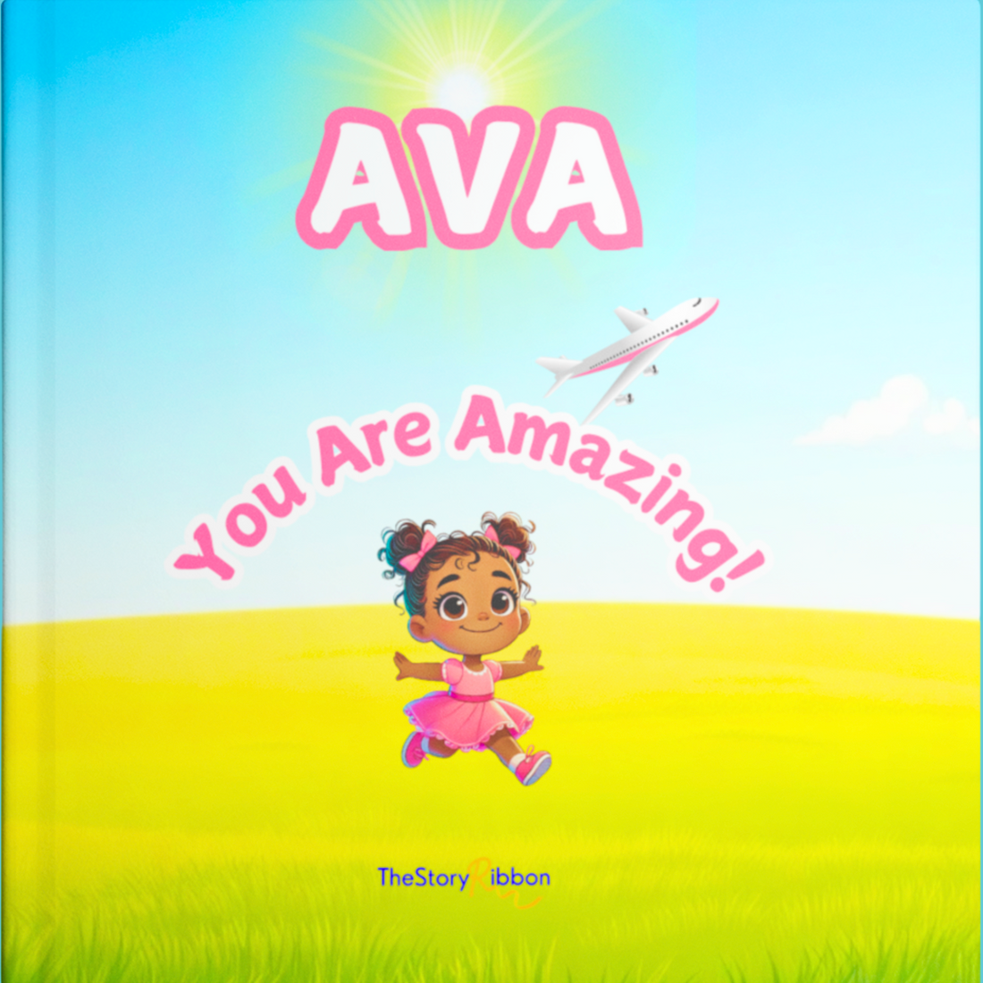 A personalized Book cover with little girl running on the grass and an airplane flying overhead. Child looks happy. The title is "Ava, You Are Amazing" giving the little girl confidence building and self-esteem.