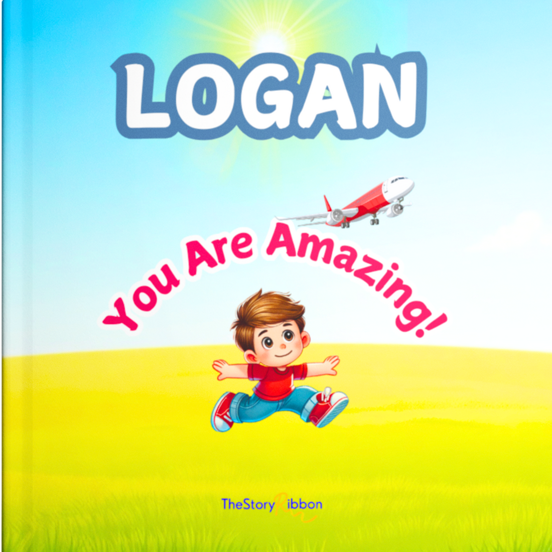 Personalized Book cover with a child jumping on grass, airplane, and text &