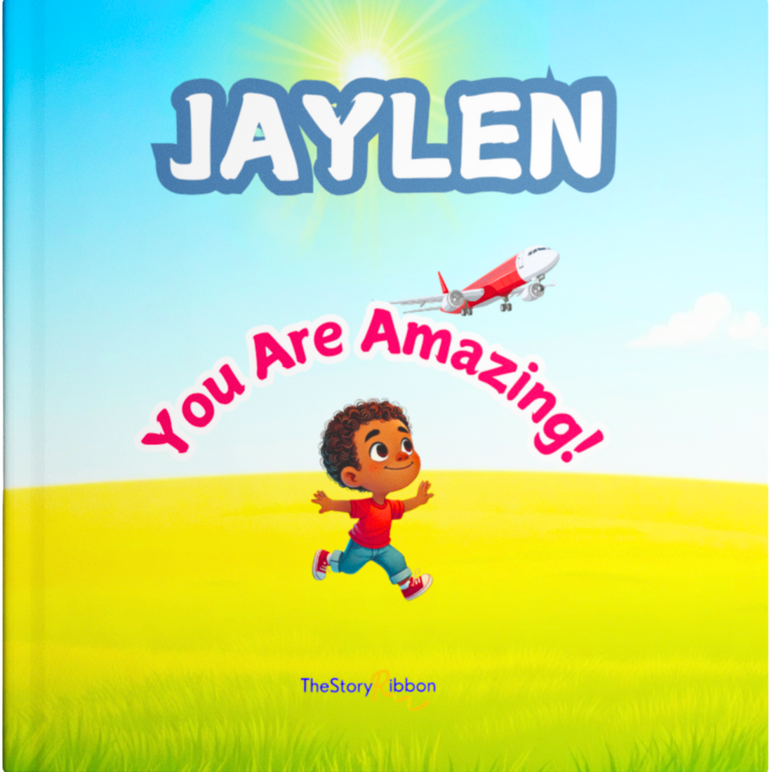 Book cover with a child running on grass, airplane, and &