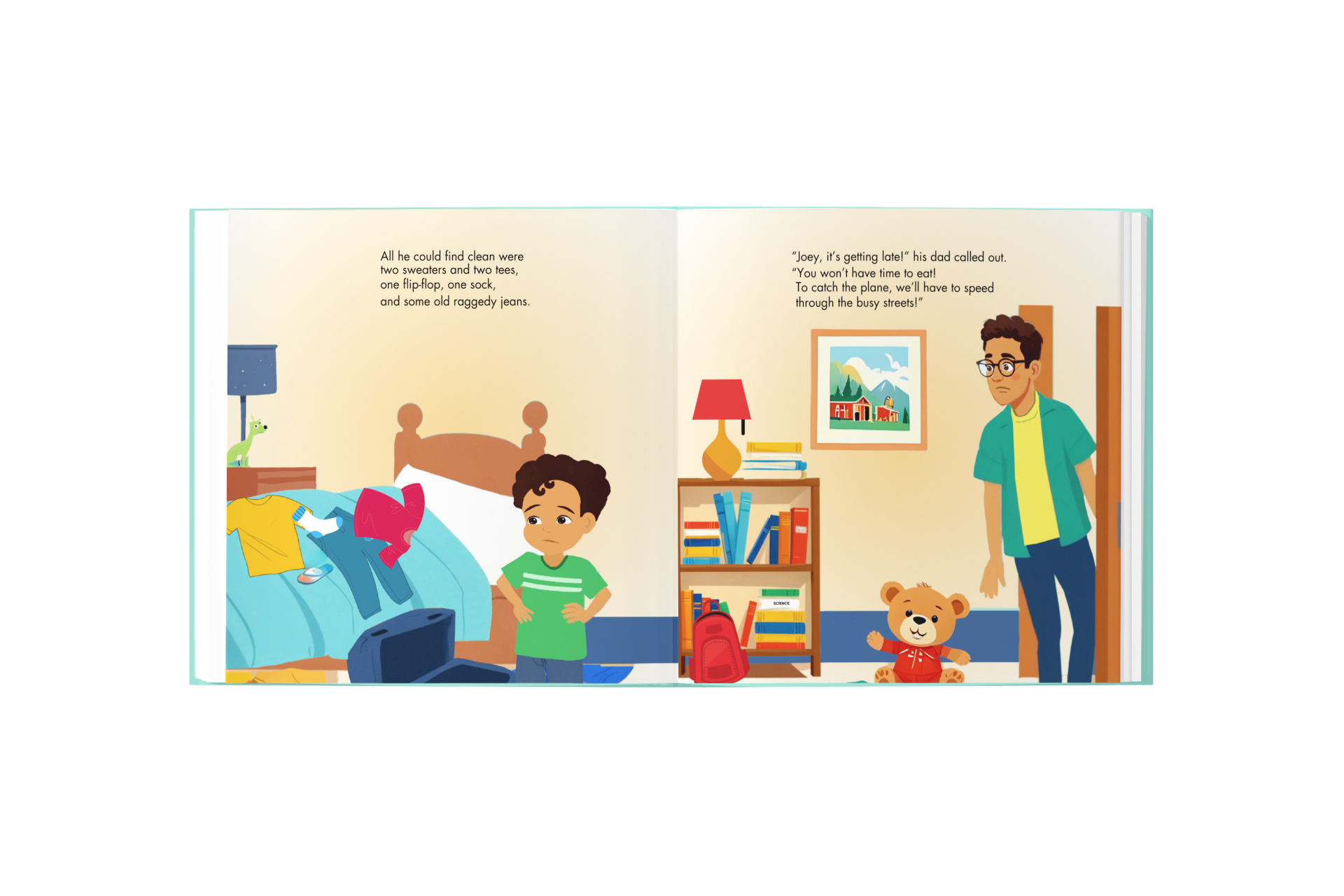 Illustrated book page showing a child and a parent in a bedroom with books and a teddy bear.