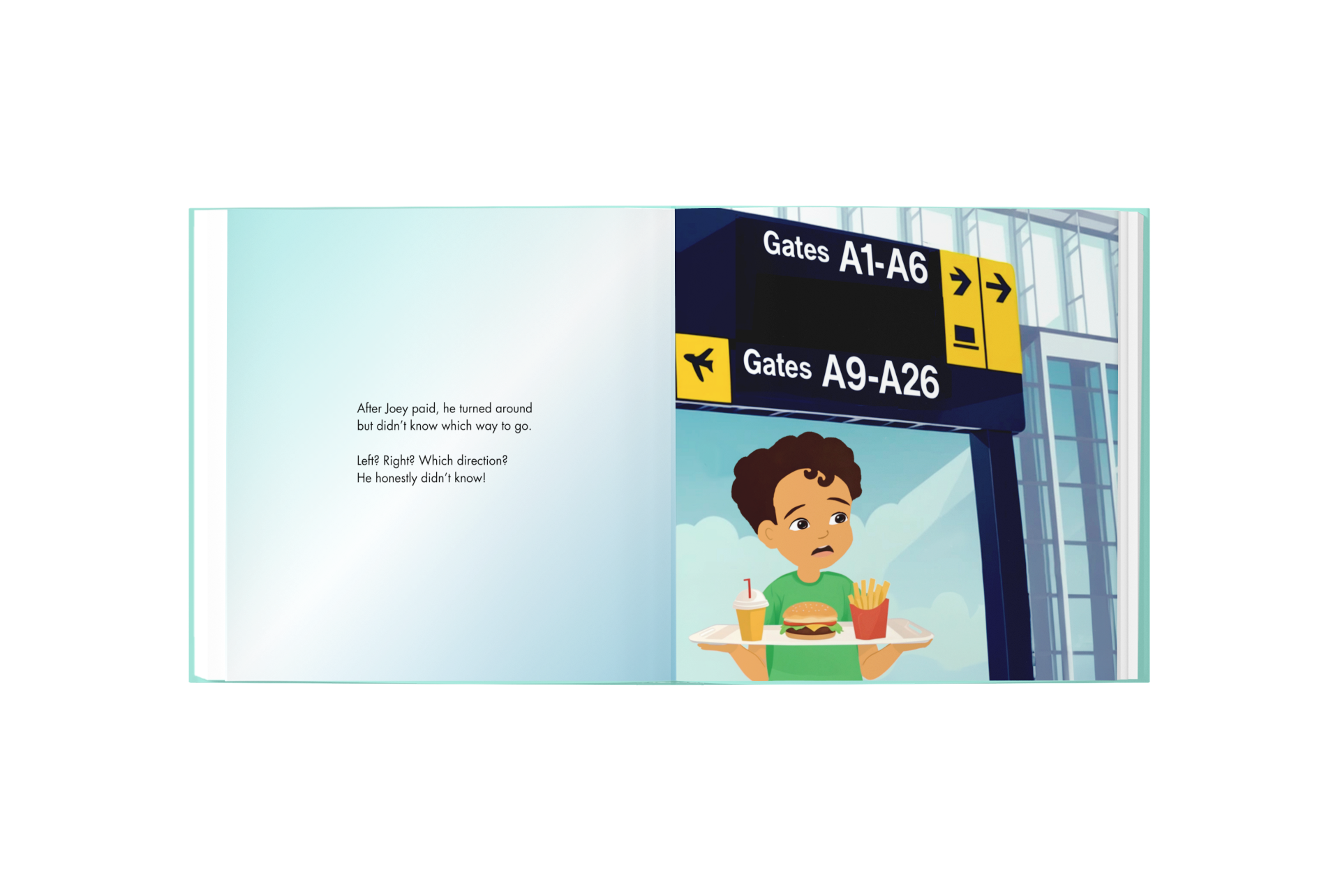 Illustration of a child at an airport with gate signs in the background