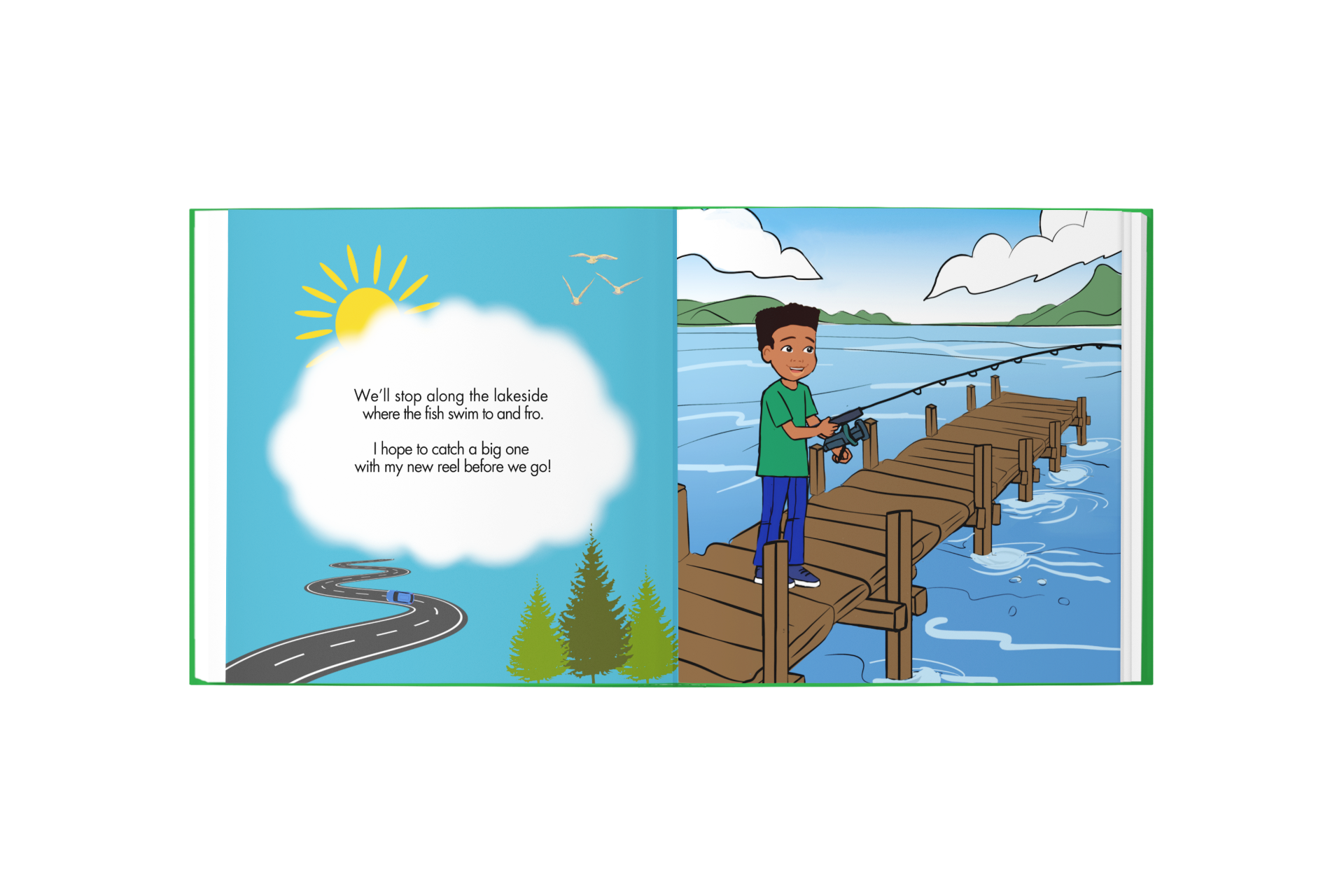 Illustration of a boy fishing on a dock with a speech bubble.