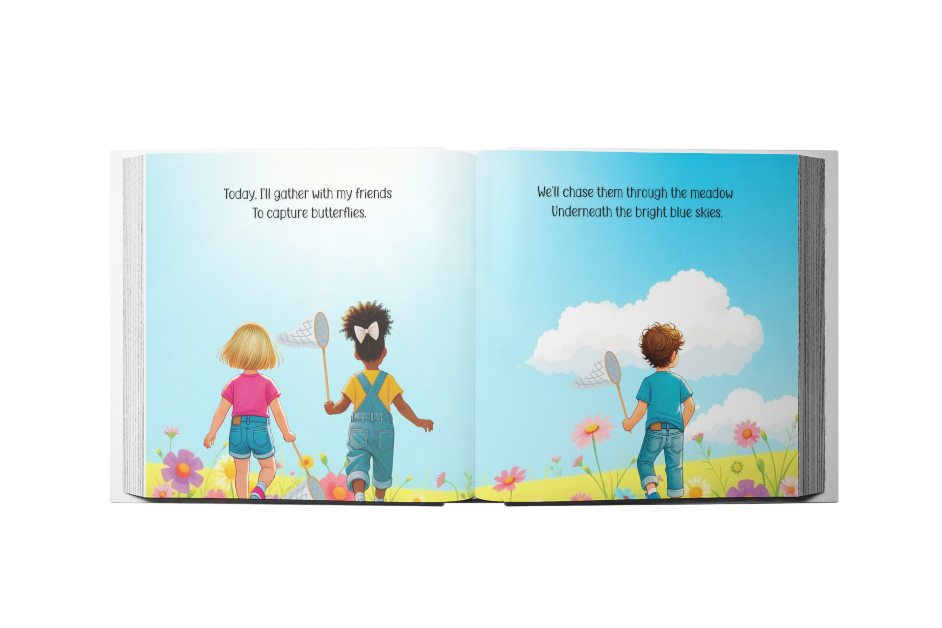 An open book depicting three children in a field holding butterfly nets