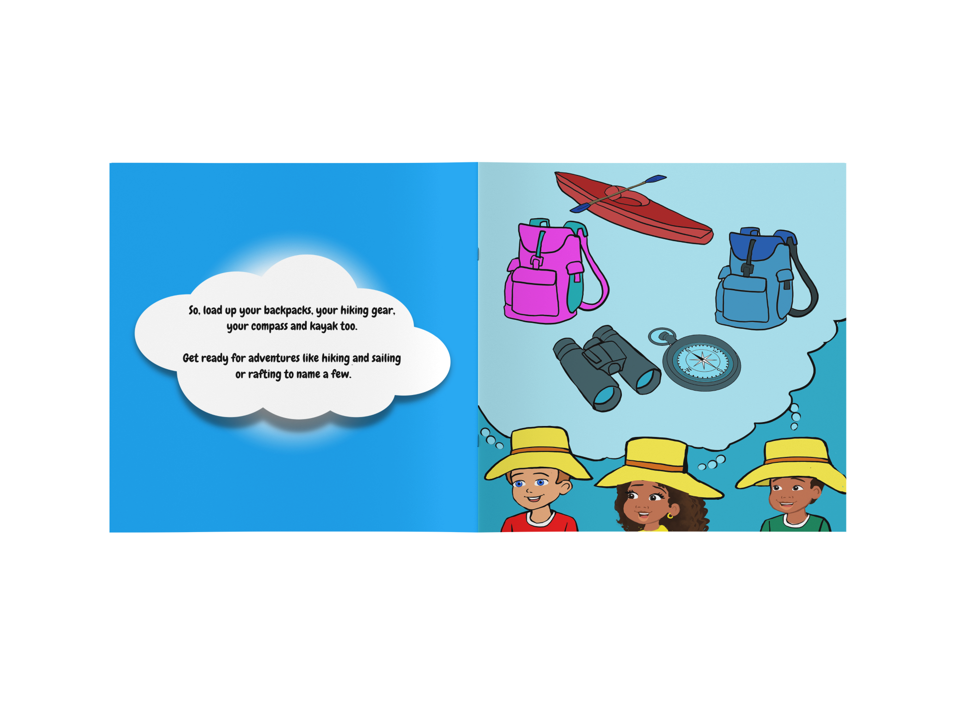 an open book featuring three children; a thinking bubble over their heads with campling and outdoor equipment. On the left side of the page is text about getting ready for outdoor adventures.