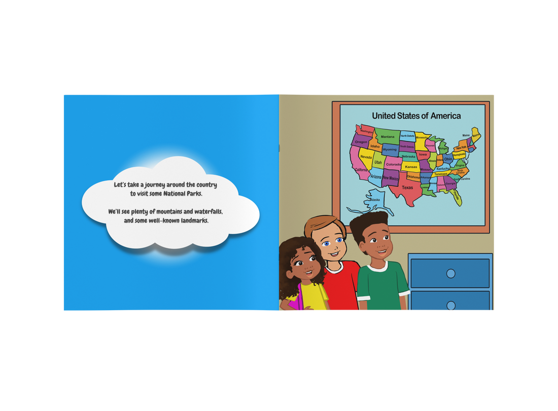 an open book featuring three children looking at a map of the United States on the wall.