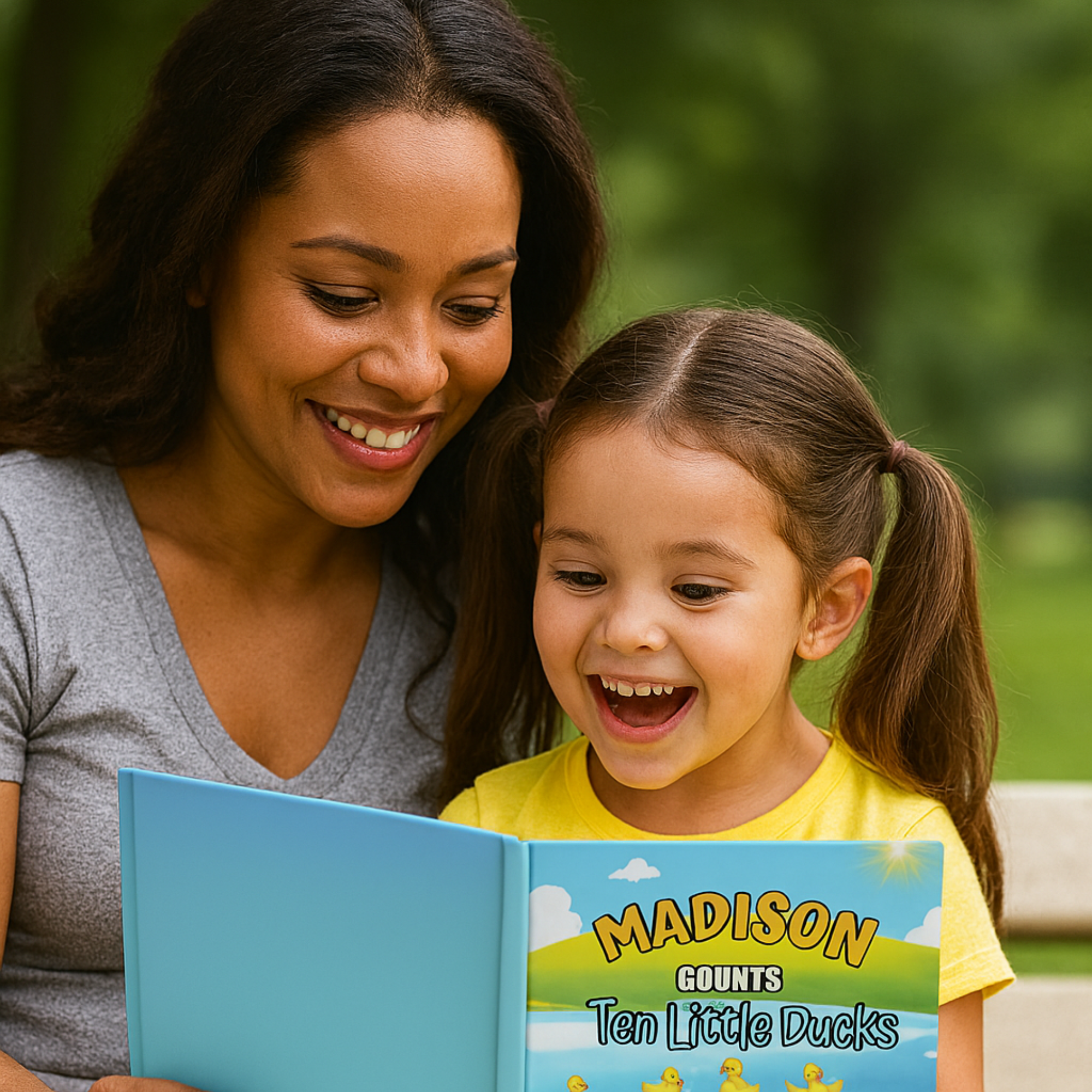Woman and child reading a book together outdoors