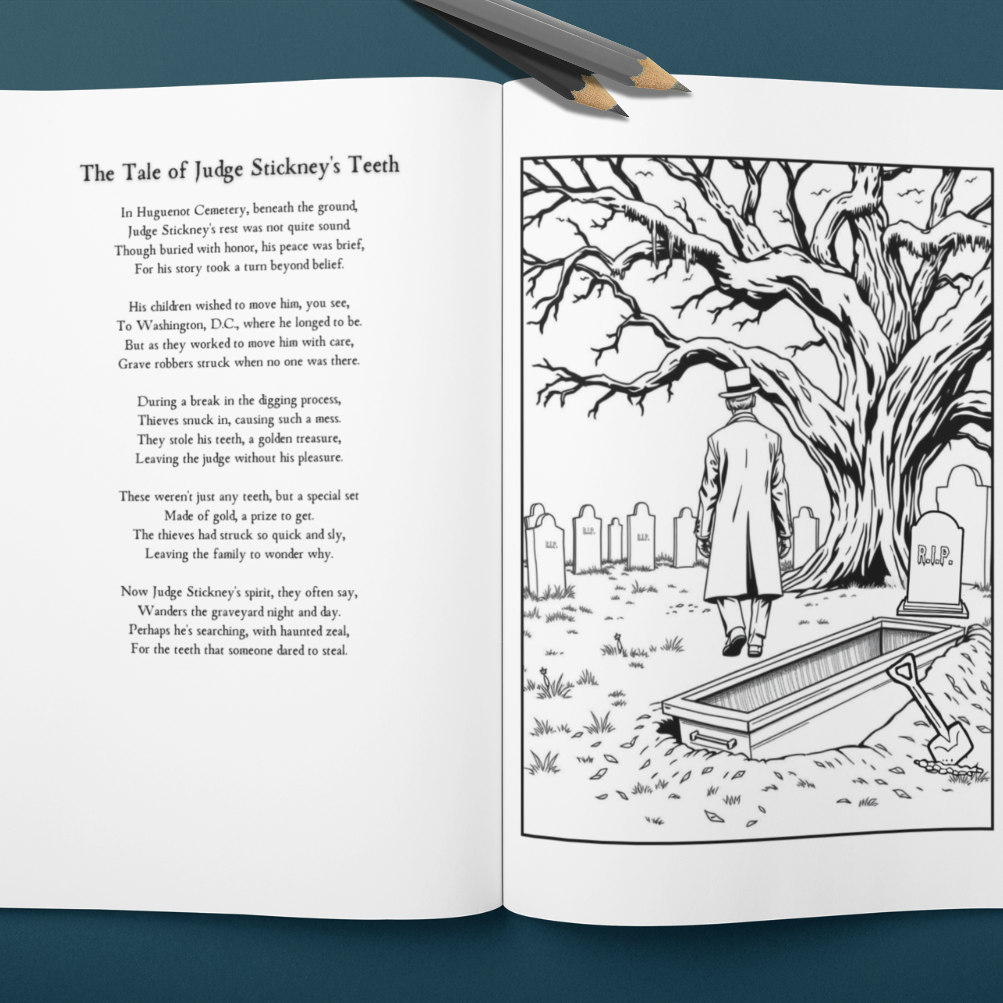 Open book with text and black and white illustration of a person in a cemetery.