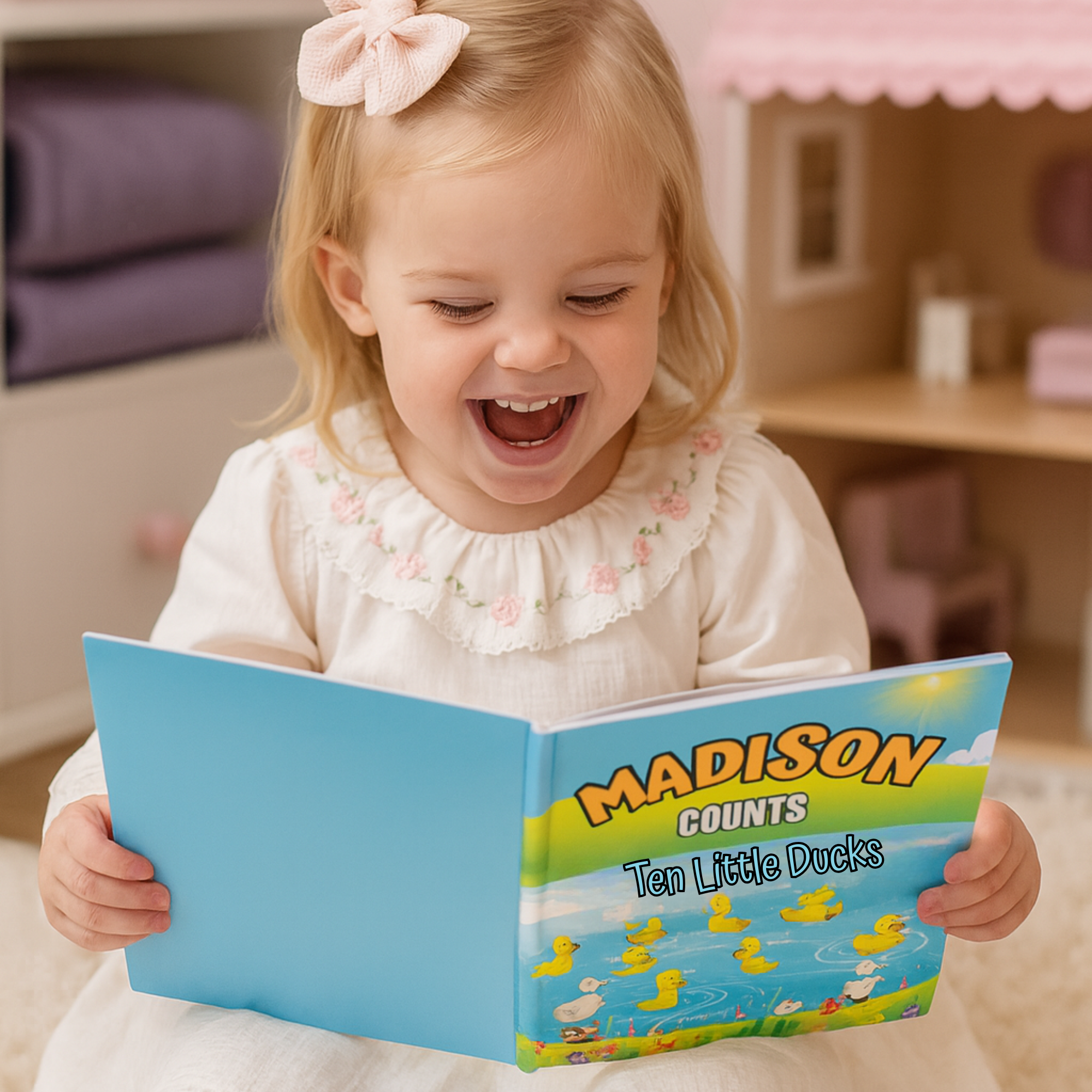 Child reading a book titled &