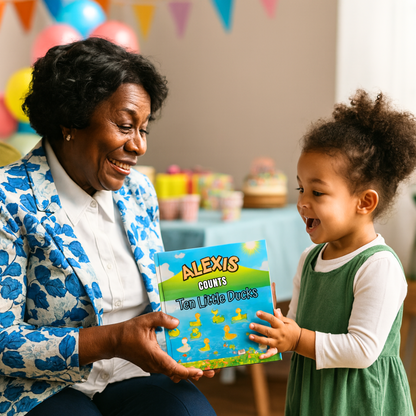 Woman and child holding a book titled &
