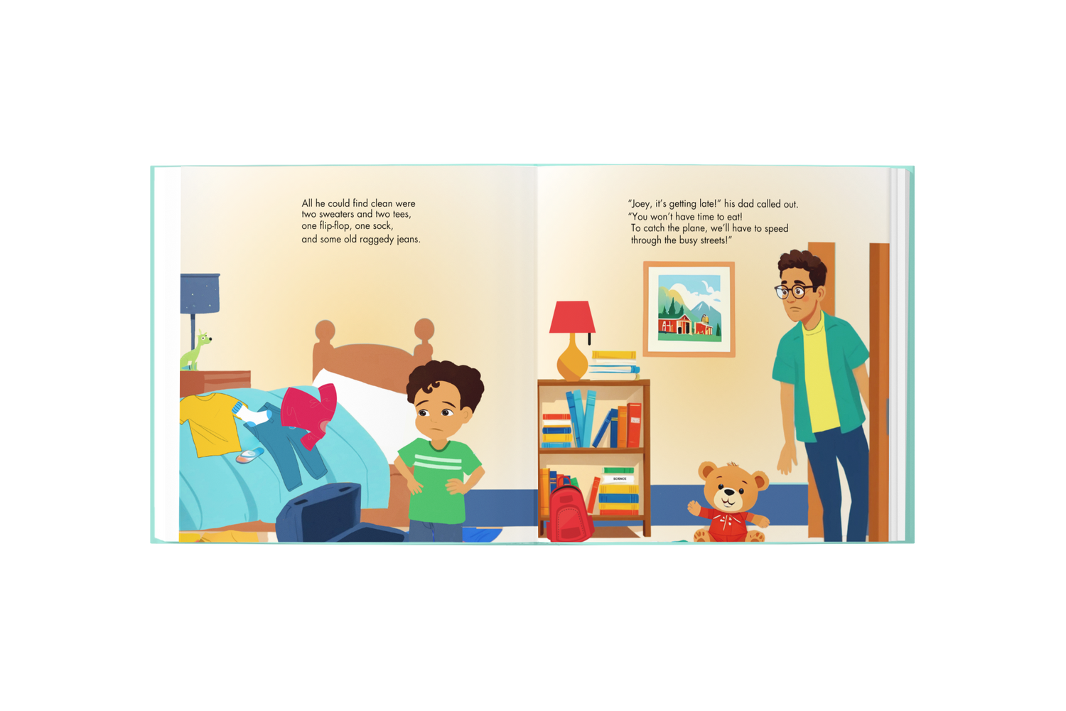 Illustrated book page showing a child and a parent in a bedroom with books and a teddy bear.