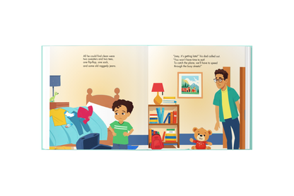 Illustrated book page showing a child and a parent in a bedroom with books and a teddy bear.