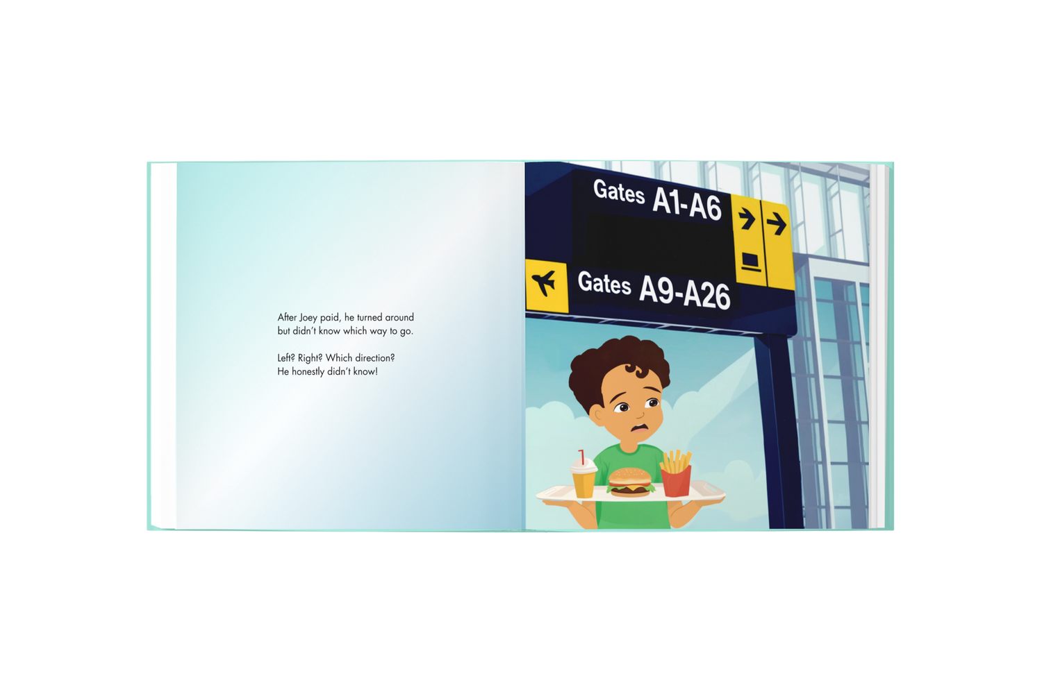 Illustration of a child at an airport with gate signs in the background
