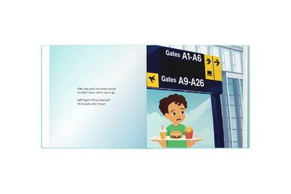 Illustration of a child at an airport with gate signs in the background