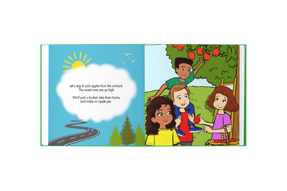 Illustration of children picking apples from an orchard with a road and sun in the background.