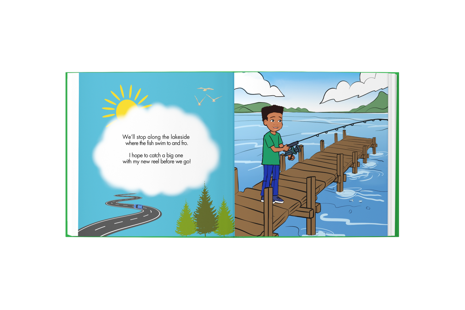 Illustration of a boy fishing on a dock with a speech bubble.