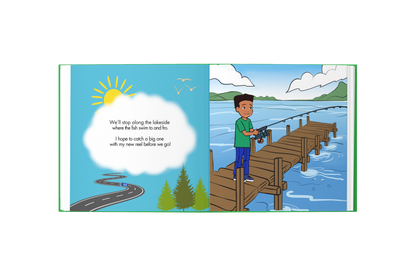Illustration of a boy fishing on a dock with a speech bubble.